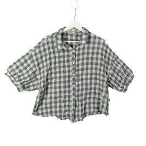 Buykud Linen Peasant Lagen Button Top Green Gingham Check Puff Sleeve Womens 2XL